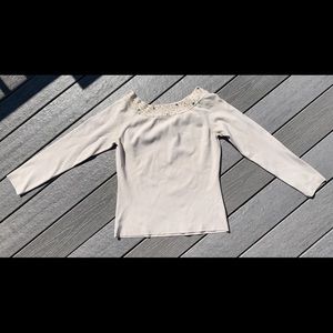 Reba Boat Neck Beaded Collar Silk Top Blouse Cream Ivory